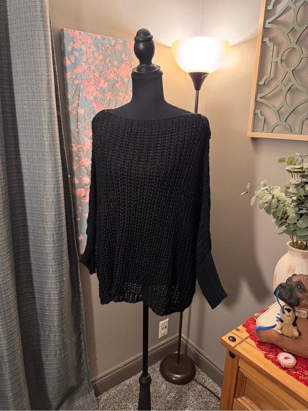 Milio-Milano Black Open-Knit Boatneck Sweater Top Oversized